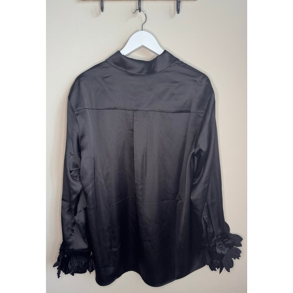 Nova Luxe Kylie Floral Applique Satin Black Shirt sz L - Picture 6 of 6